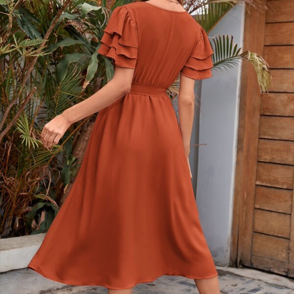 Boho Rust Orange Butterfly Ruffle Sleeve Midi Dress Minimalist - Picture 15 of 15